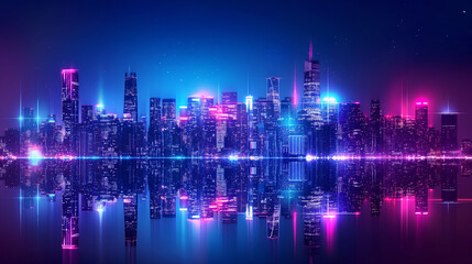 Fototapeta na wymiar Panoramic urban architecture, cityscape with space and neon light effects. Modern hi-tech, science, futuristic technology concept. Abstract digital high-tech city design for banner background.