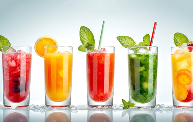 Mixed fruit cocktails on table on color background
