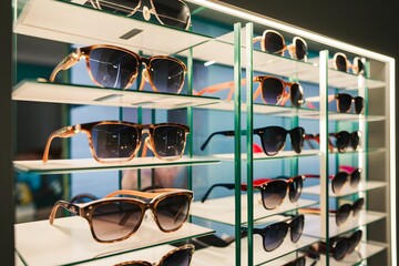 StockImage Sunglasses displayed in modern ophthalmic stores showcase