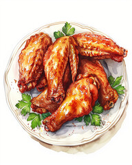 Top view watercolor illustration of appetizing crispy fried chicken wings and drumsticks, arranged on a plate with fresh parsley or celery leaves. Mouth watering poultry dish concept