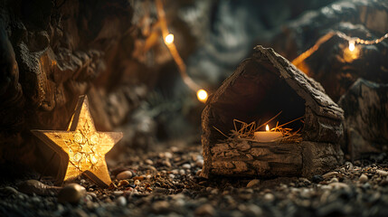Wooden manger and star of Bethlehem in cave nativi Waiting for the Messiah - Empty manger with Comet Star coming,  Generative Ai - obrazy, fototapety, plakaty