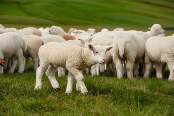Naklejka na ściany i meble StockPhoto Adorable lamb grazes among flock in picturesque green meadow