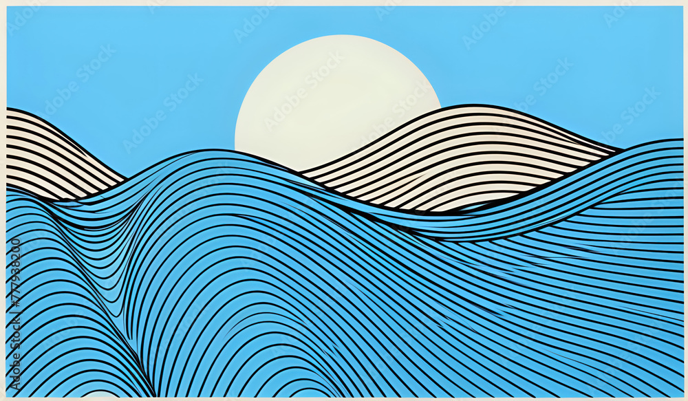 Poster this artwork features a striking design with bold, radiating lines in various shades of blue, creati