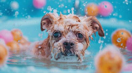 The joyful mess of bathing an unkempt pet, splashes and toys, a chaotic yet loving routine - obrazy, fototapety, plakaty