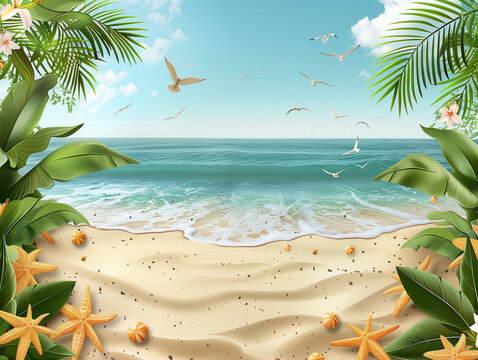 a picture of a beach with a tropical scene with seagulls and palm trees, summer theme