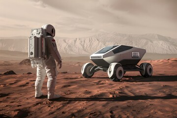 StockPhoto Photo Astronaut explores Mars landscape with futuristic vehicle