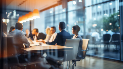 Blurry Office Meeting Through Glass Wall: Focusing on Corporate Teamwork and Workplace Dynamics.