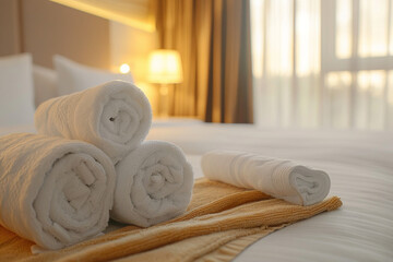 clean towels rolled up on the bed in a bright hotel room