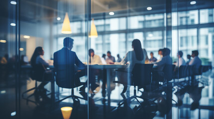 Fototapeta na wymiar Blurry Office Meeting Through Glass Wall: Focusing on Corporate Teamwork and Workplace Dynamics.
