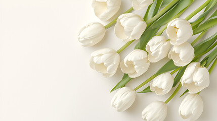 White spring tulips in a vase on a white table. Mock up for displaying works beautiful bouquet of white tulips in white vase on a light background, Generative Ai