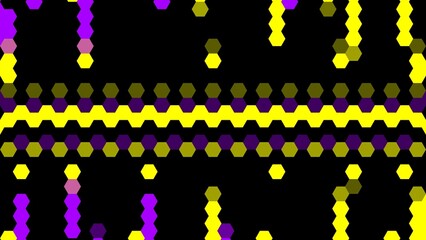 Black background with hexagon dots. Horizontal lines of converging hexagonal shapes
