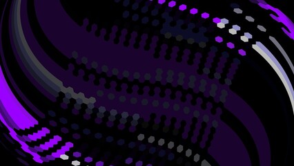 Black background with gray, purple curved lines and hexagon dots
