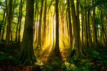 Fototapeta premium Sunlit treetop panorama offers serene natural landscape vista