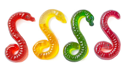 gummy snakes digital art in 3D on transparent background: top view flat lay cut-out isolated PNG. Vibrant candy assortment for sweet treats and confectionery concept. - obrazy, fototapety, plakaty