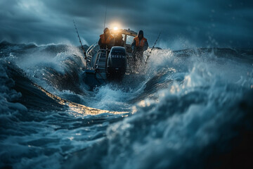 Brutal men team departing in motor boat vessel heading in open stormy sea for night fishing. Hard men's work and Natural resources concept image - Powered by Adobe