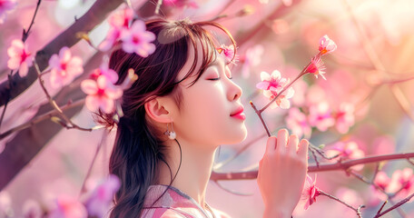 Obraz na płótnie Canvas An Asian woman is enjoying the sight of the cherry blossoms on a cherry tree. 