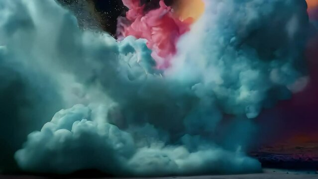 animation of explosion of colored smoke and dust on black background. colorful smoke