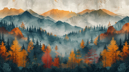 Seamless pattern of colored mountains with trees. Vector illustration.
