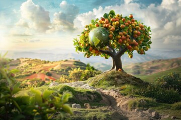 Imaginative Tree Bearing Earth Fruits, Artistic Interpretation of Nature’s Bounty and Environmental Health