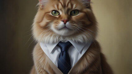 A dignified feline in a sleek business suit, the cat exudes professionalism and sophistication. This photorealistic painting showcases a fluffy pet, corporate