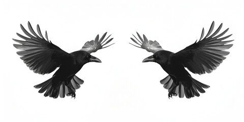 isolated black and white illustration of a flying bird crow front. generative ai 