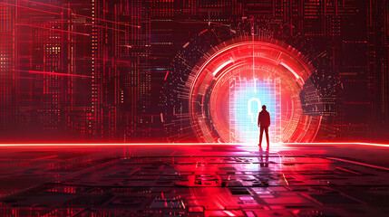 A solitary figure standing in front of a giant digital lock, symbolizing personal data protection in the cyber realm.