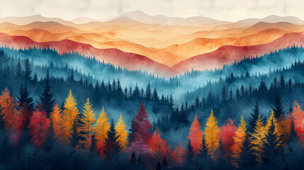 Seamless pattern of colored mountains with trees. Vector illustration.