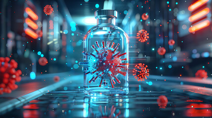 A computer virus symbol being trapped inside a digital glass bottle, depicting virus quarantine. - obrazy, fototapety, plakaty