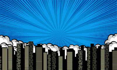 Comic blue background with cloud and city silhouette
