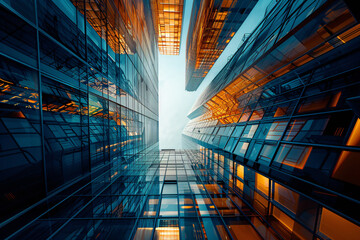 Glass Skyscrapers: Skyward Gaze, Blue & Gold Reflections, Architectural Symmetry.