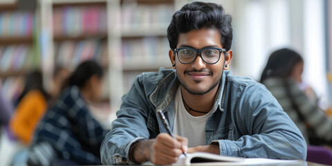 Young man with glasses studying with a pencil and notebook in a library full of books.
