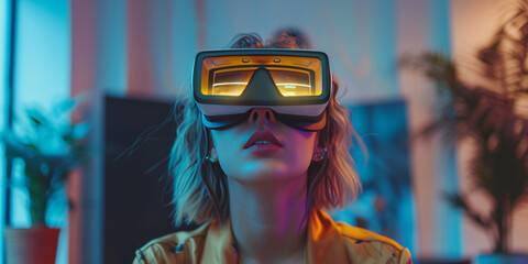 Fototapeta na wymiar Woman in a denim jacket using a virtual reality headset in a bright, modern office space. 