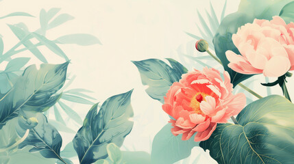 Beautiful romantic illustration of Philodendron and Peonies on light background. Modern art