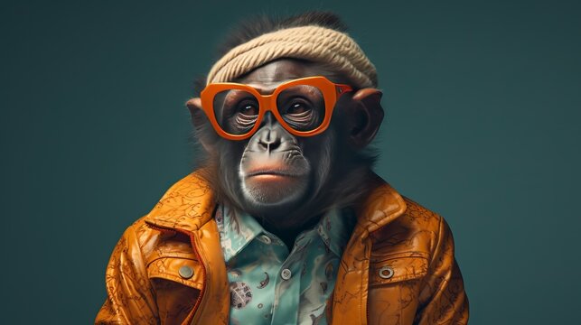 View of funny monkey in human clothing