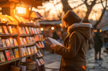 A woman engrossed in a book at an outdoor market during a picturesque sunset. - obrazy, fototapety, plakaty