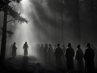 Jesus appears to his followers in the rays of lightg - obrazy, fototapety, plakaty