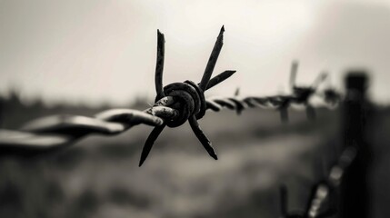 Barbed wire fence close-up, avoid trespassing on the land. Generative ai