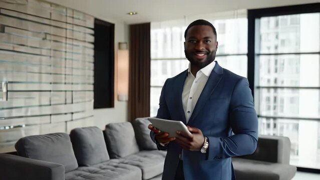 Portrait of successful african realtor with tablet in hands in apartment intended for sale. Real estate agency employee in business suit is waiting to show property.