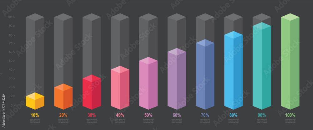 Poster colorful gradient chart bars template, 10% to 100% number text. flat design business interface illus