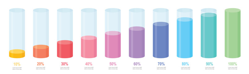 Colourful gradient round slim chart bars template, clear 10%-100% infograph layout. Graphic flat design interface illustration elements for app ui web banner button vector isolated on white background