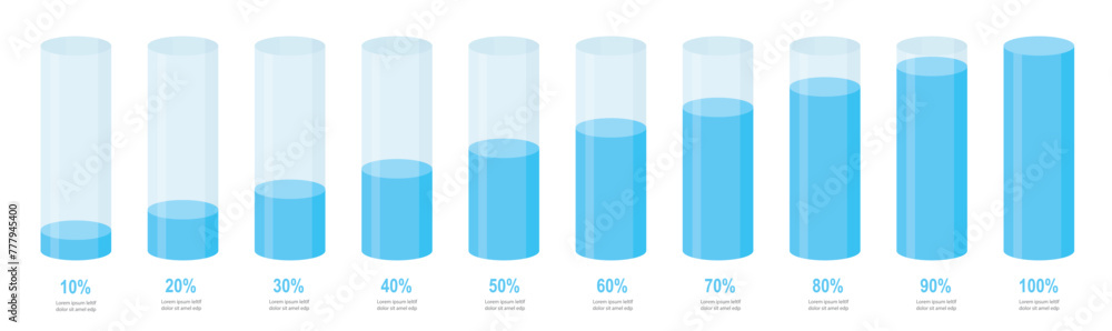 Poster simple blue round slim chart bars template, clear 10%-100% infograph layout. graphic flat design int
