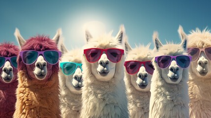 Fototapeta premium A group of llamas Wearing sunglasses in a row.