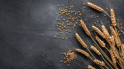 Golden wheat ears and scattered grains on a textured dark background