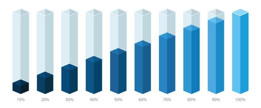 Blue gradient chart bars template, 10% to 100% number text. Flat design business interface illustration inforchart infographic elements for ads app ui ux web banner vector isolated on white background
