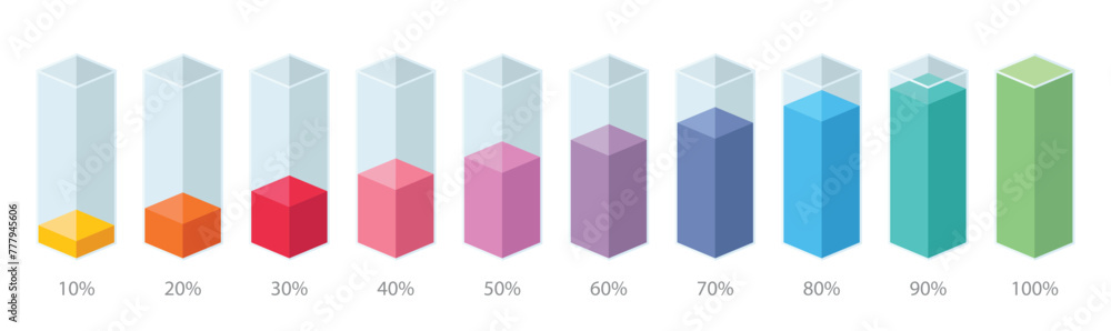 Poster colorful gradient chart bars template, 10% to 100% number text. flat design business interface illus