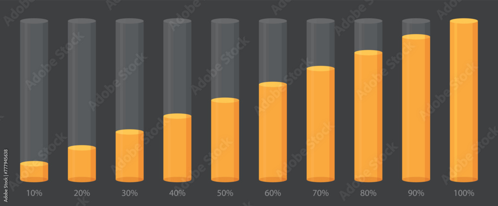 Poster bright yellow round slim chart bars template, clear 10%-100% infograph layout. graphic flat design i