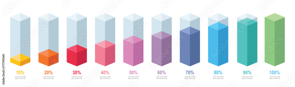 Wall mural colorful gradient chart bars template, 10% to 100% number text. flat design business interface illus