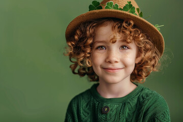 Happy boy with lucky clovers, Kids celebrate St Patrick Day. Irish holiday on green background, copy space