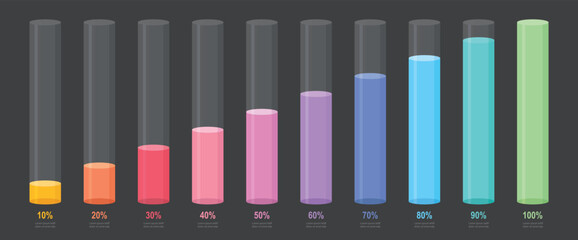 Colourful gradient round slim chart bars template, clear 10%-100% infograph layout. Graphic flat design interface illustration elements for app ui web banner button vector isolated on black background