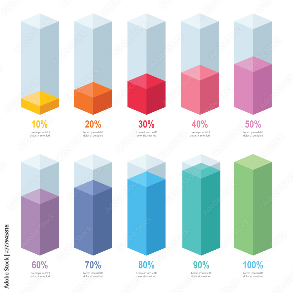 Poster colorful gradient chart bars template, 10% to 100% number text. flat design business interface illus